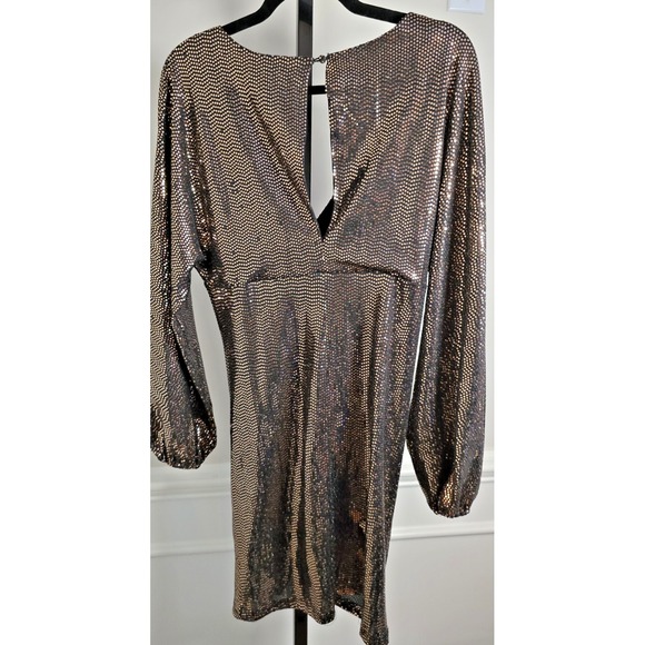 Betsey Johnson Sequin Bodycon Mini Dress Bronze Ruched V Neck Size L - Picture 11 of 12